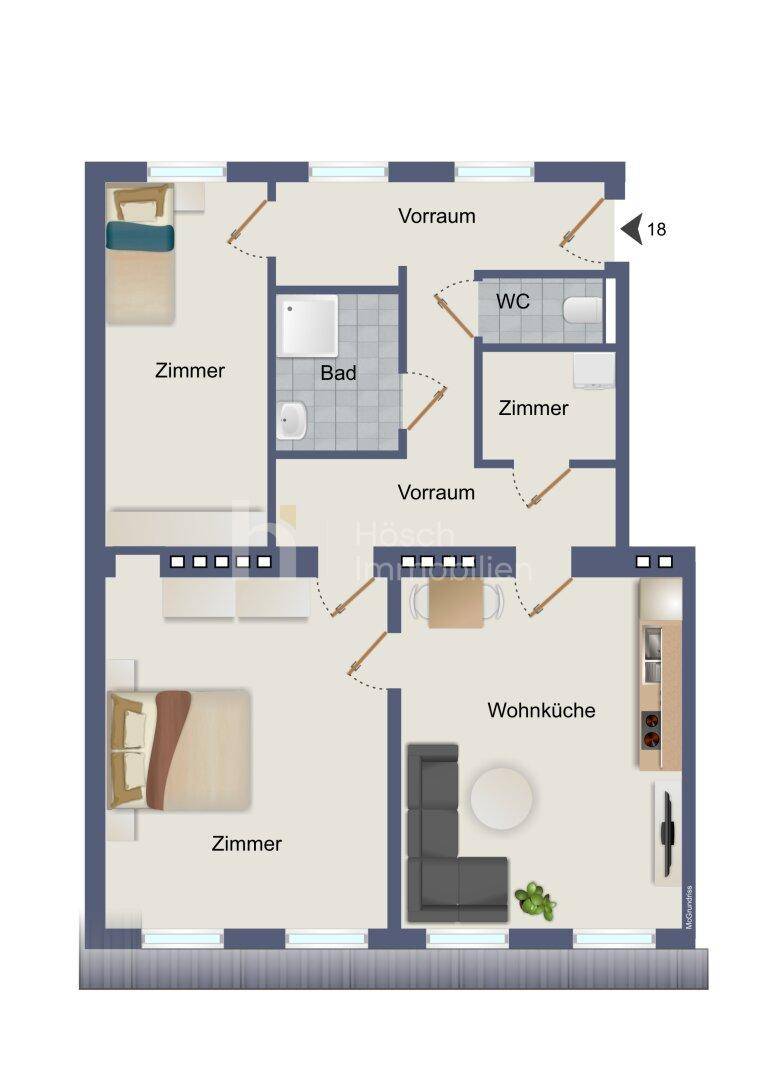 Grundriss einer Wohnung mit drei Zimmern, offener Wohnküche, Bad und separatem WC.