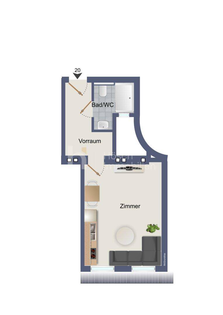 Grundriss einer kompakten Wohnung mit Zimmer, offener Wohnküche und Bad/WC.
