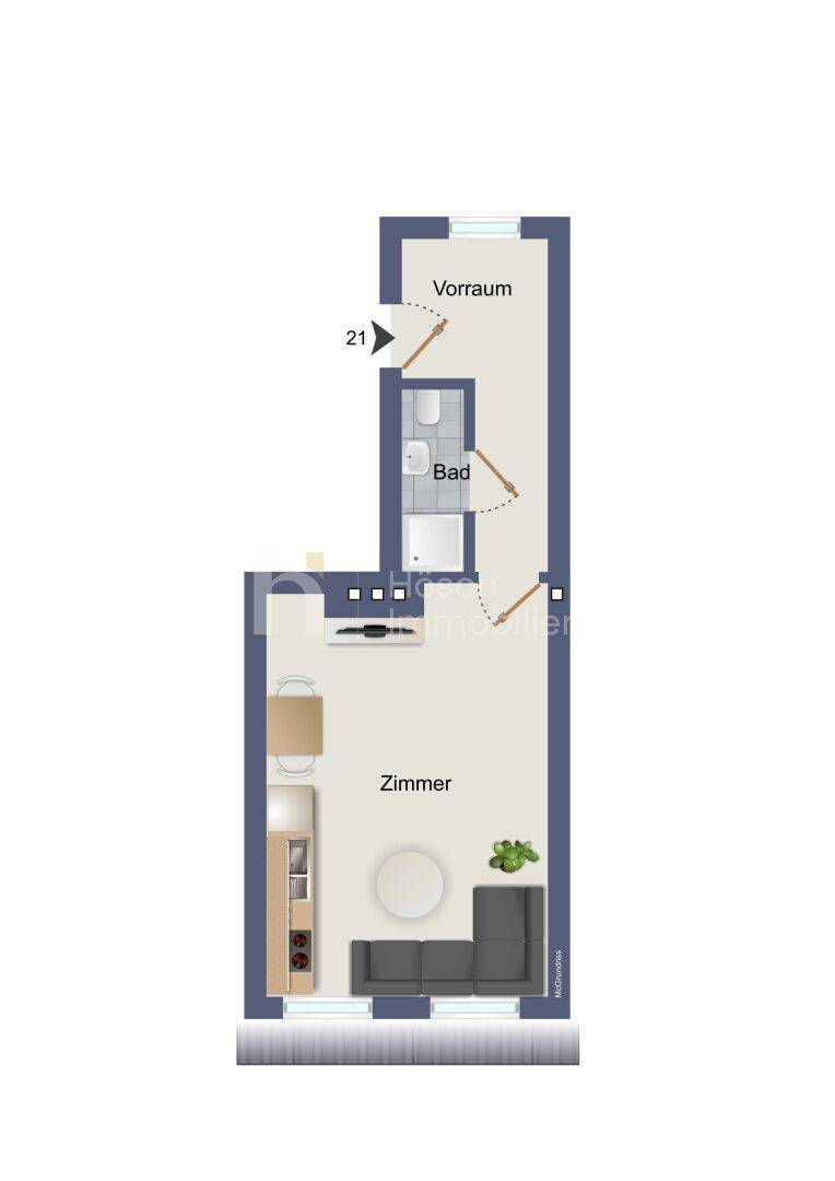Grundriss einer kleinen Wohnung mit Zimmer, Bad und Vorraum.