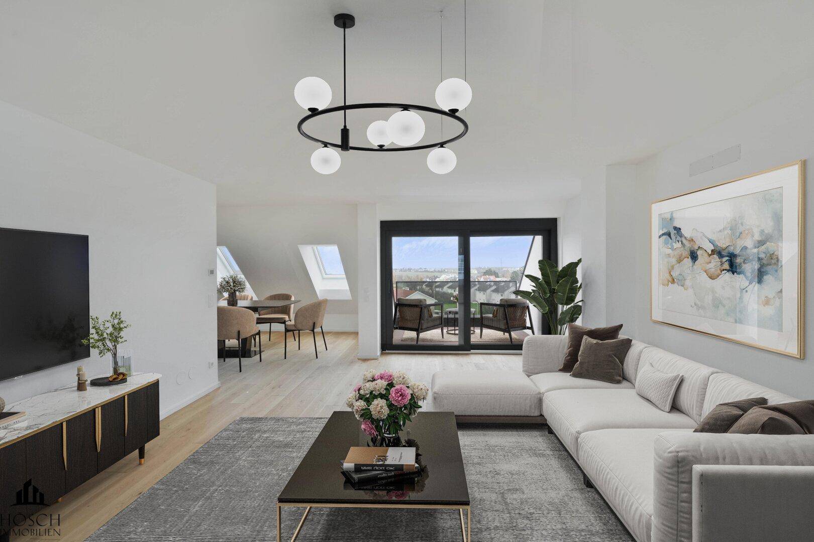 Lichtdurchfluteter Wohn- und Essbereich mit Holzboden, moderner Einrichtung und Balkonzugang.