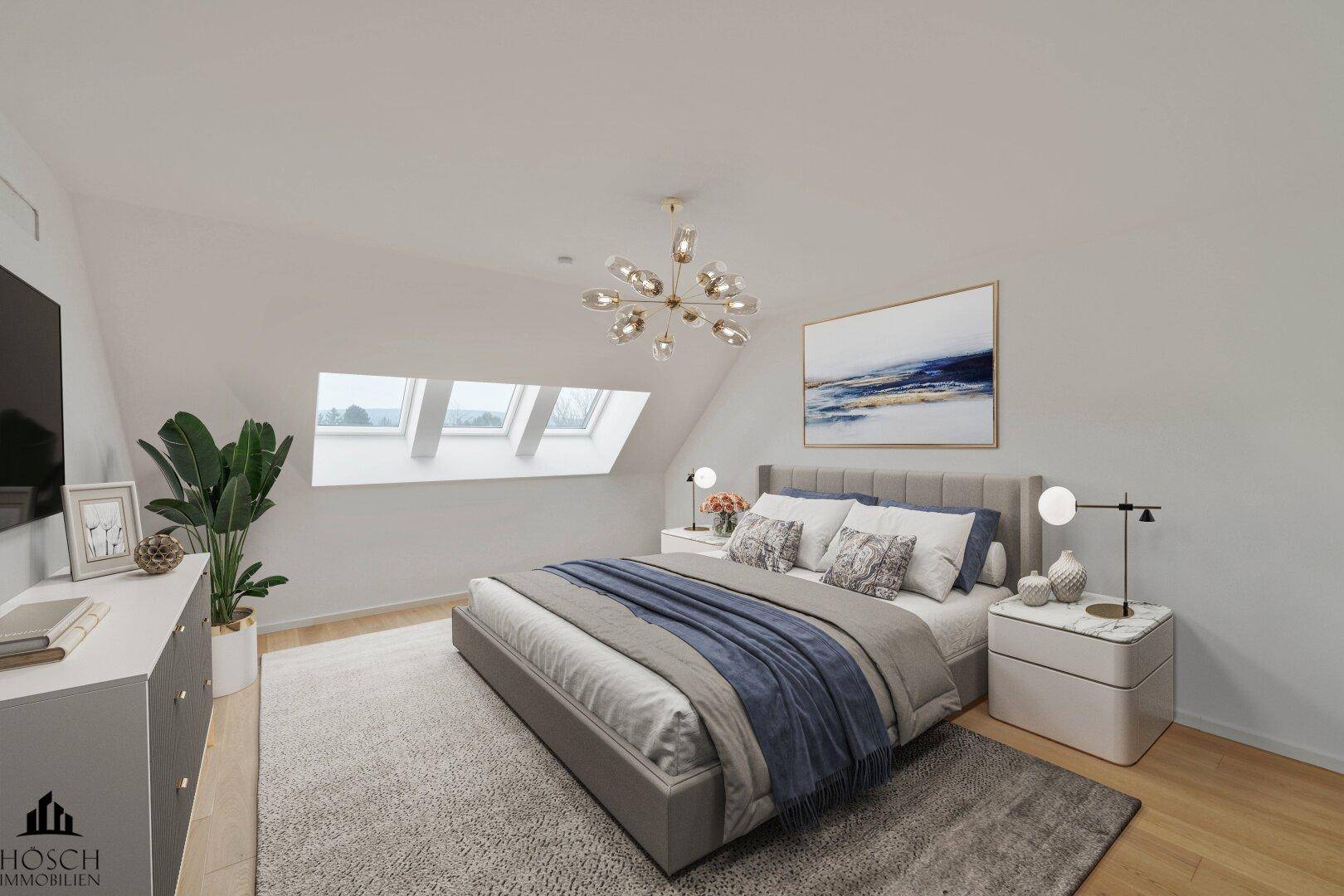 Gemütliches Schlafzimmer mit Dachschrägen, Holzboden, modernem Bett und Dachfenstern.