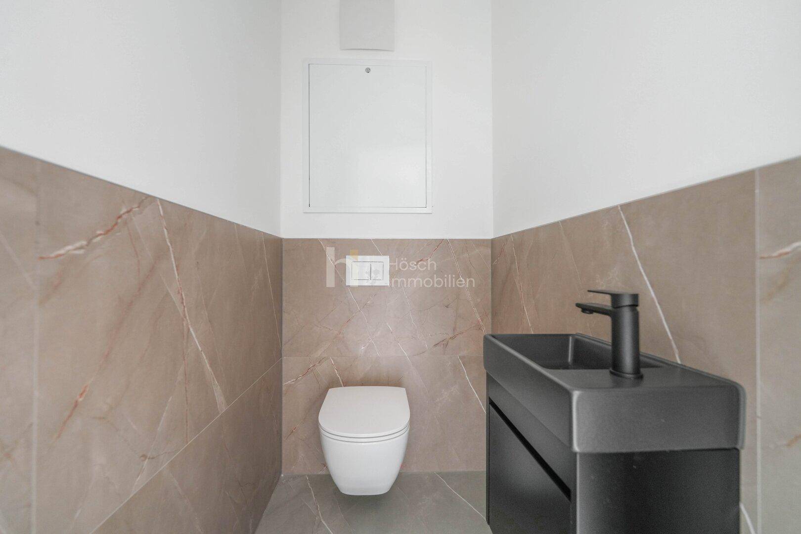 Modernes Gäste-WC mit wandhängender Toilette, kleinem Waschbecken und eleganten Fliesen.
