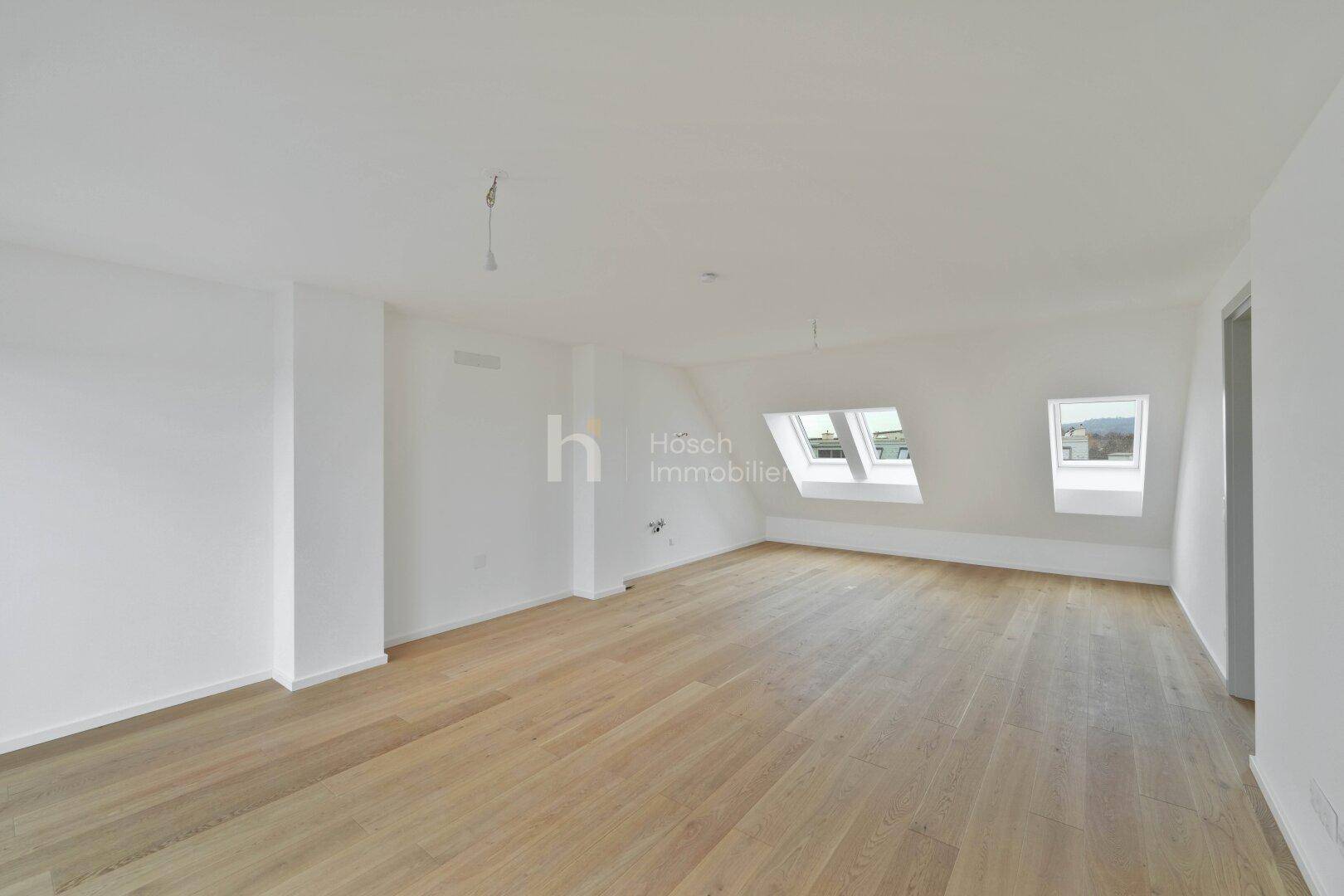 Geräumiger, unmöblierter Raum im Dachgeschoss mit Holzboden und mehreren Dachfenstern.