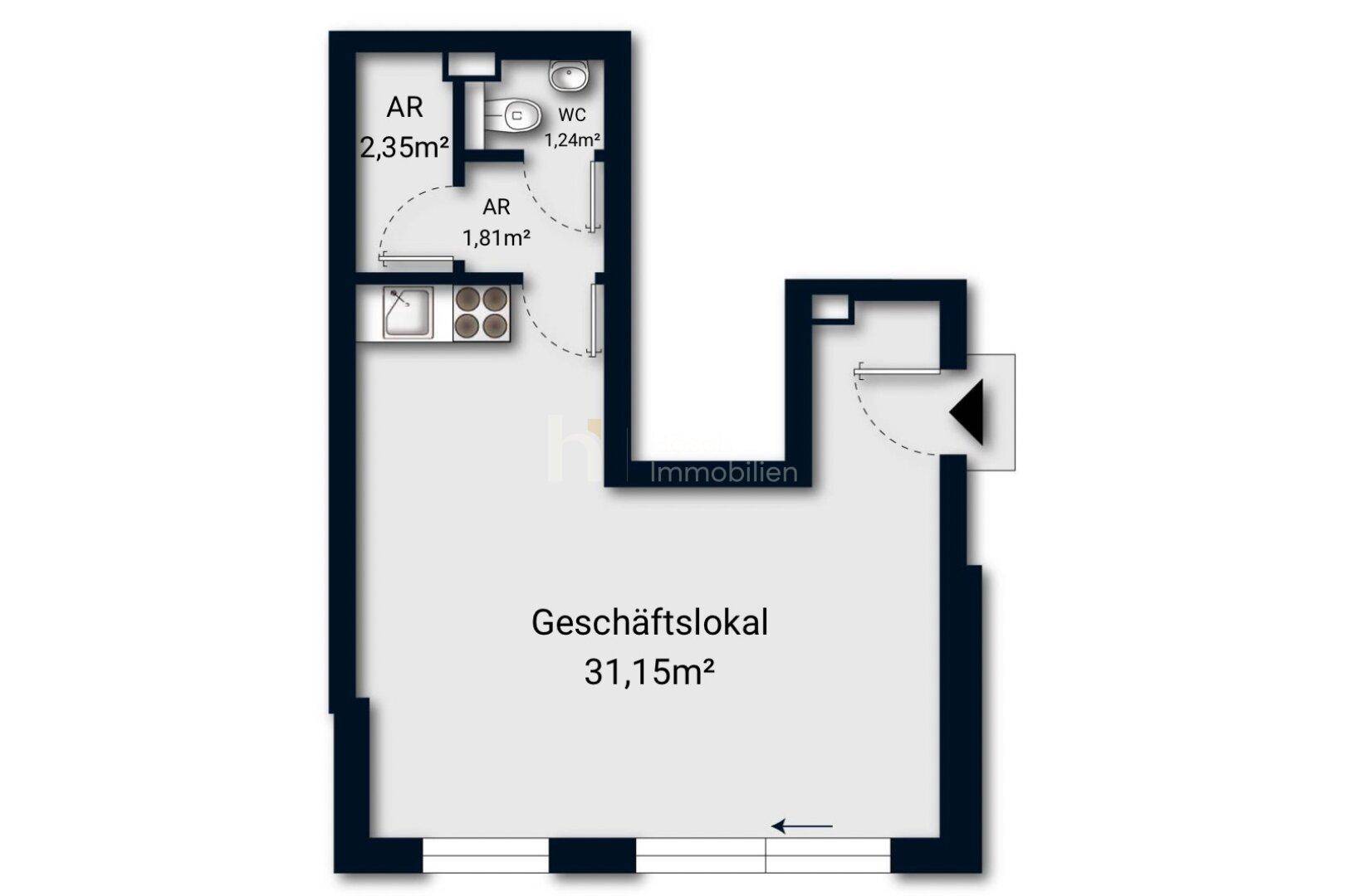 Grundriss eines Geschäftslokals mit WC und Abstellräumen, insgesamt 31,15m².