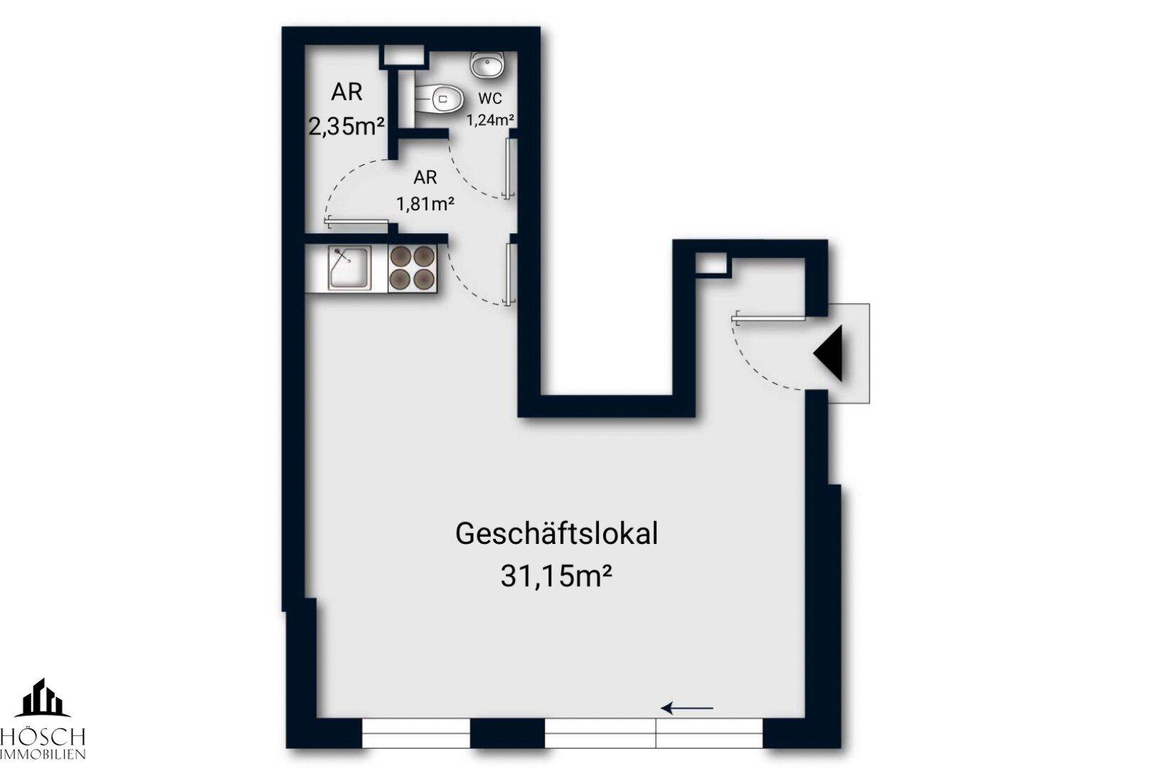 Grundriss eines Geschäftslokals mit WC und Abstellräumen.