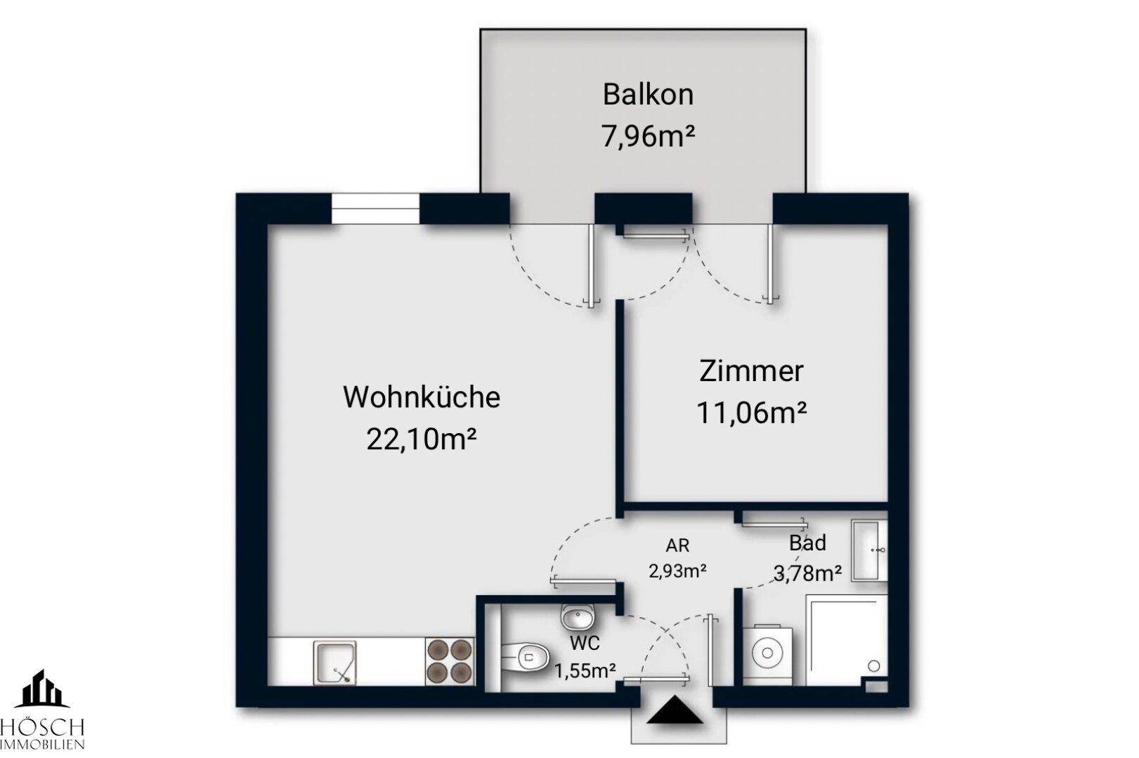 Grundriss einer Wohnung mit Wohnküche, Zimmer, Bad, WC und Balkon.