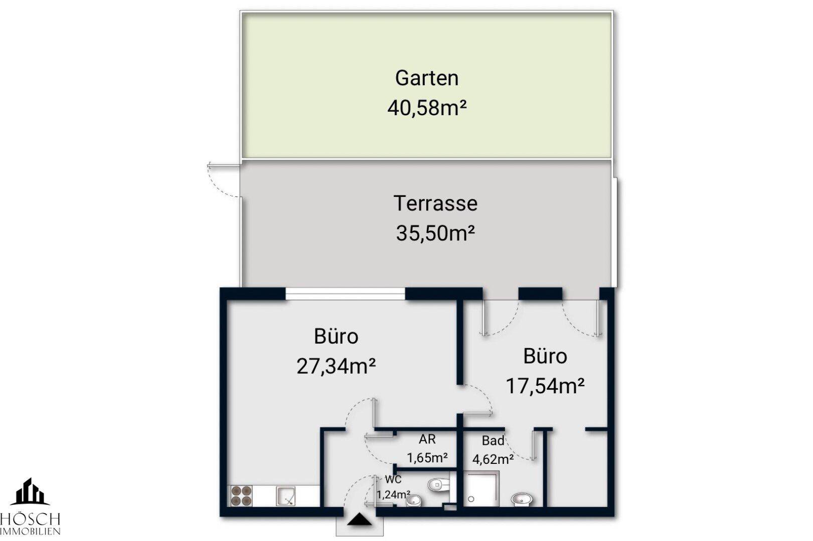 Grundriss mit zwei Büros, Bad, WC, Abstellraum, Terrasse und Garten.