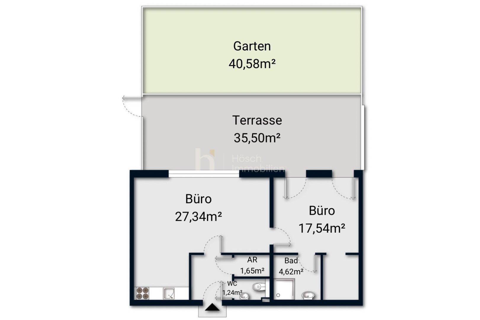 Grundriss mit zwei Büroräumen, Bad, WC, Abstellraum, großer Terrasse und Garten.
