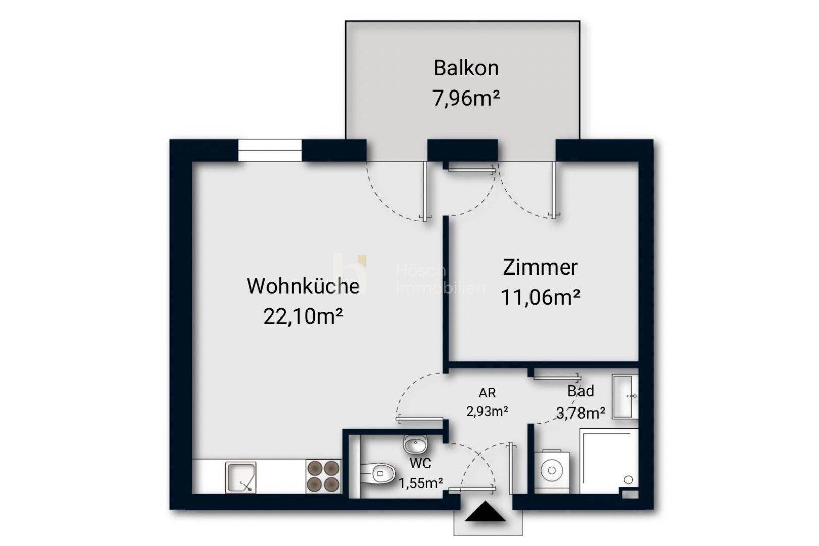 Grundriss einer Wohnung mit Wohnküche, Zimmer, Bad, WC und einem Balkon von 7,96m².