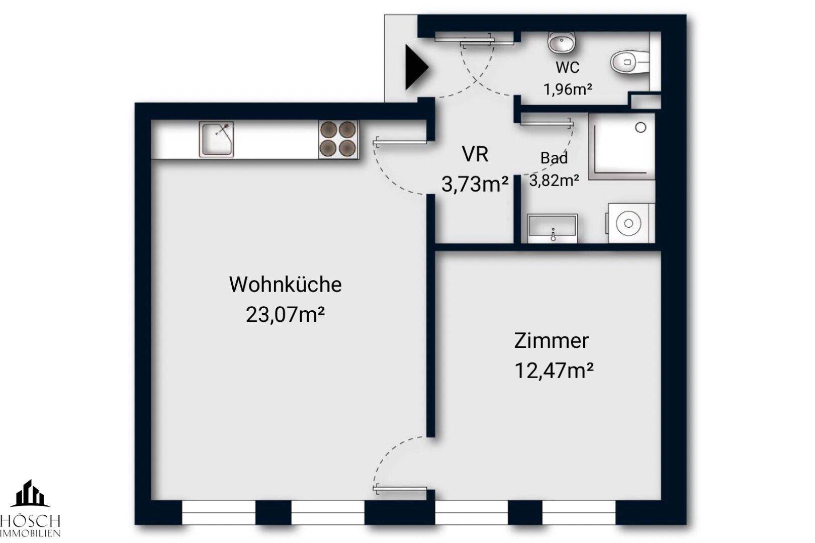 Grundriss einer Wohnung mit Wohnküche, Zimmer, Bad und WC.