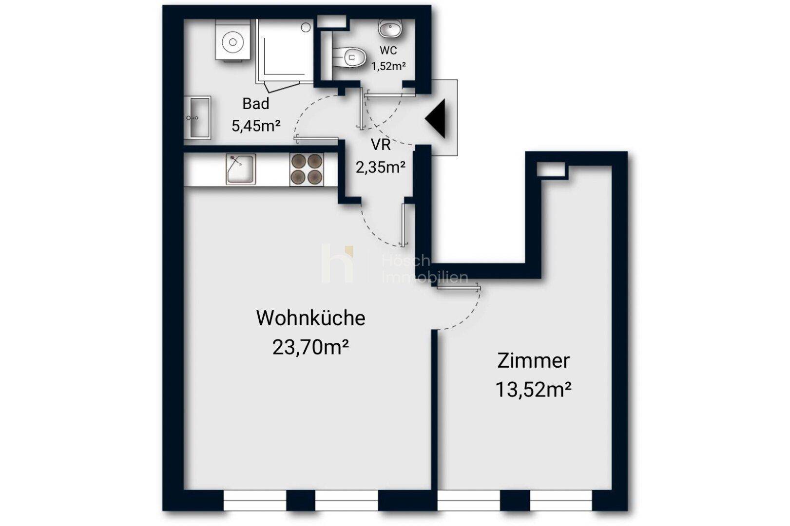 Grundriss einer Wohnung mit Wohnküche, einem Zimmer, Bad und separatem WC.