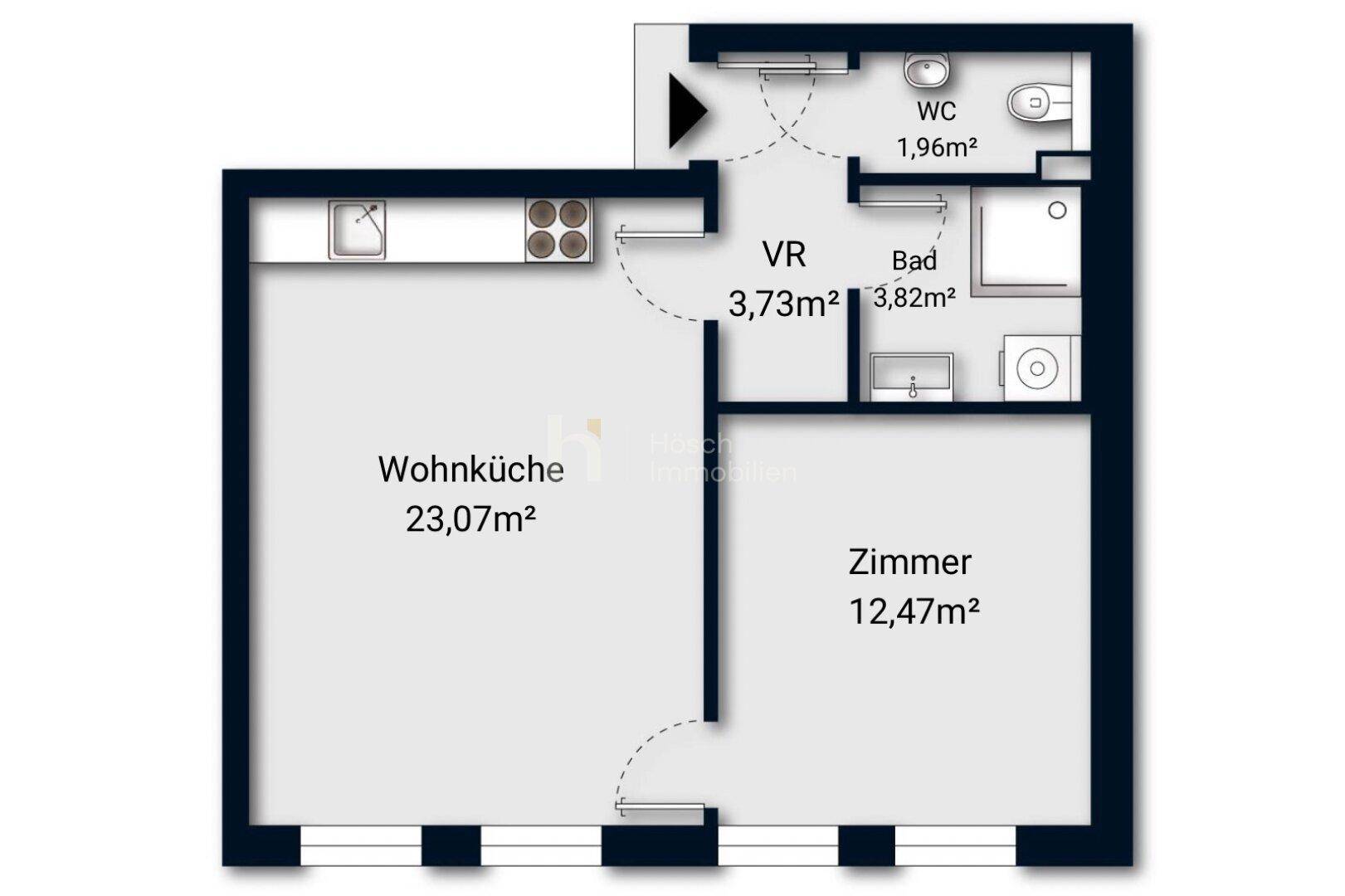 Grundriss einer Wohnung mit offener Wohnküche, einem Zimmer, Bad und separatem WC.