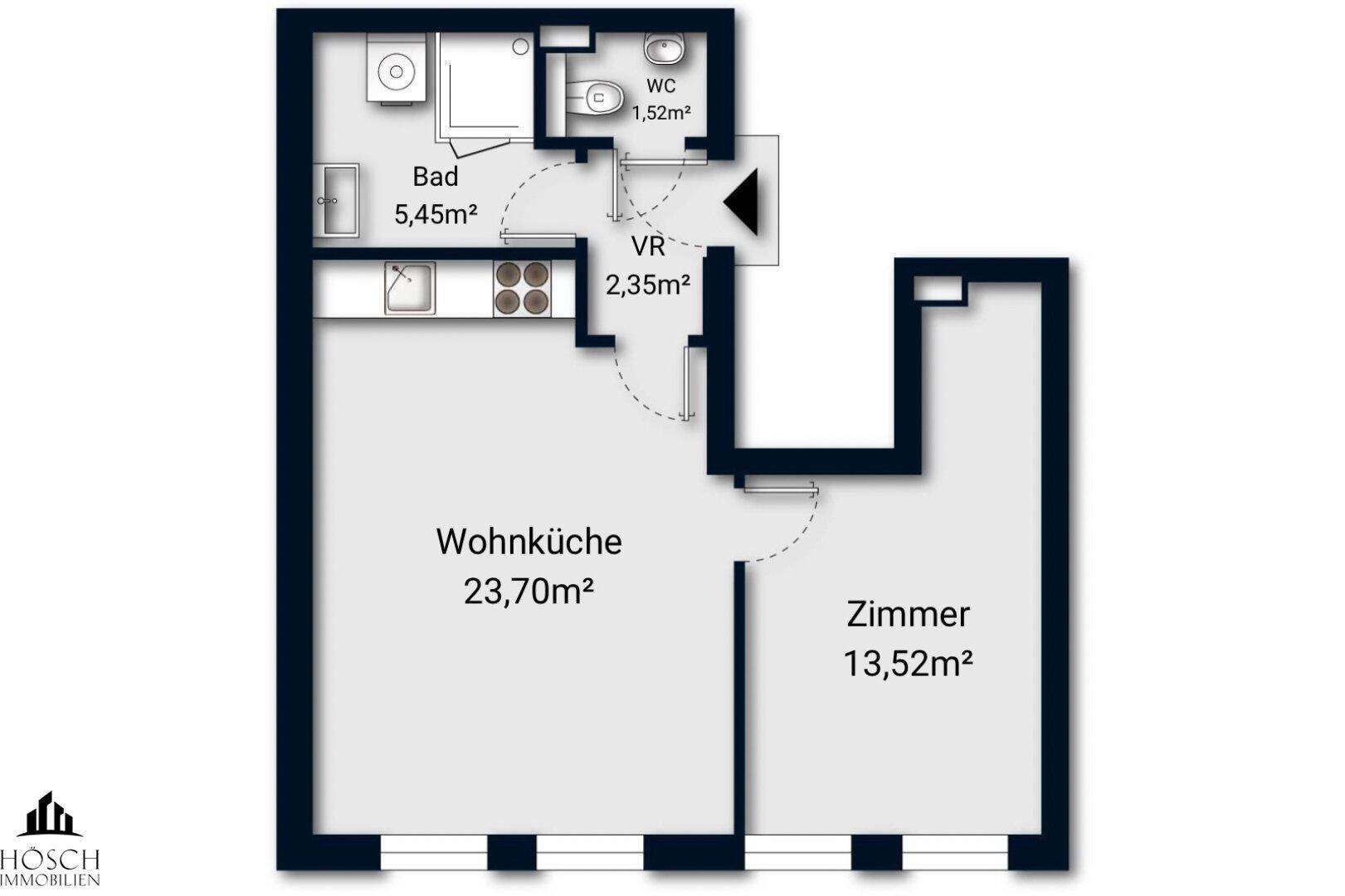 Grundriss einer Wohnung mit Wohnküche, Zimmer, Bad und WC.