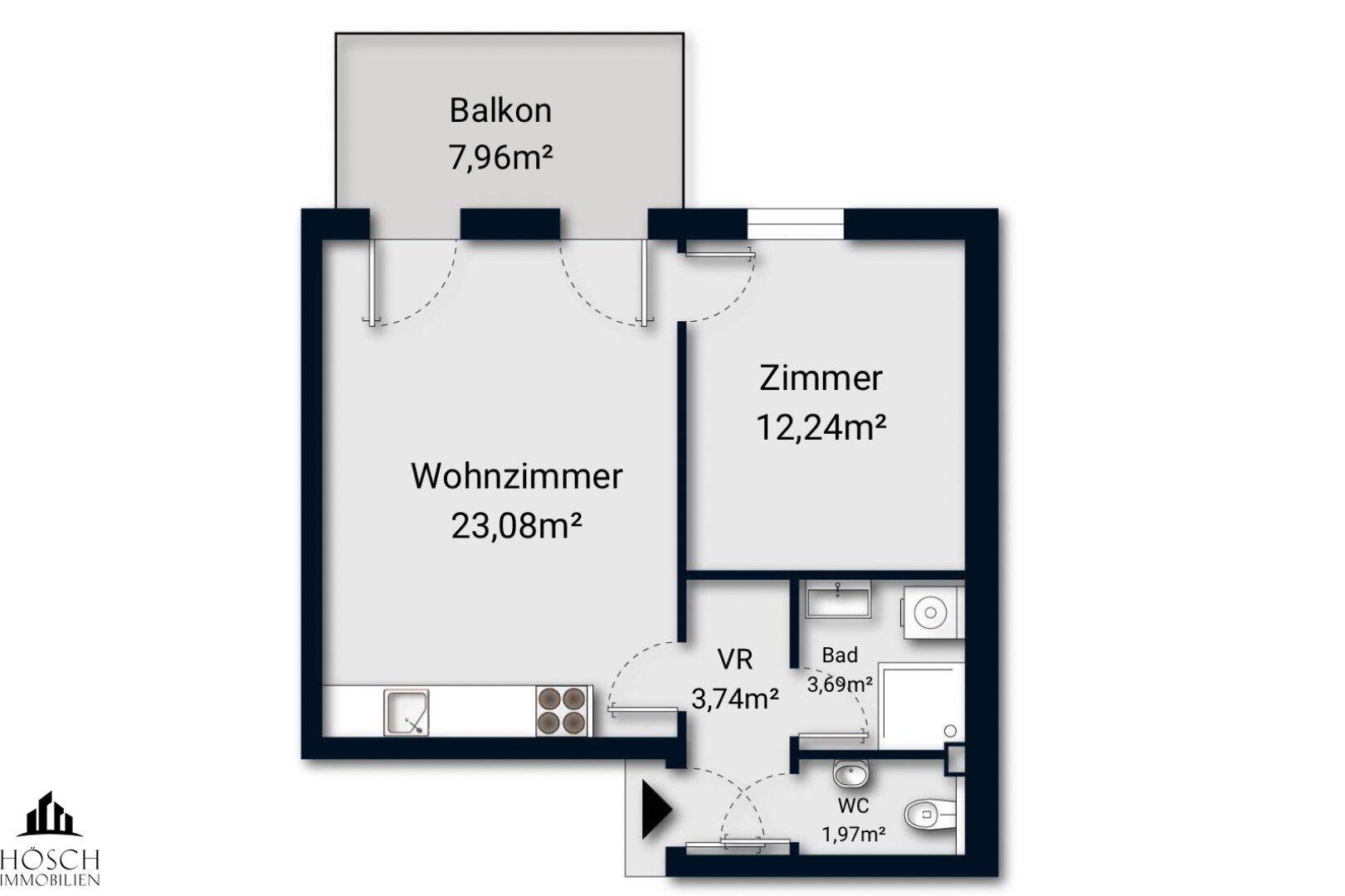 Grundriss einer Wohnung mit Wohnzimmer, Zimmer, Bad, WC und Balkon.