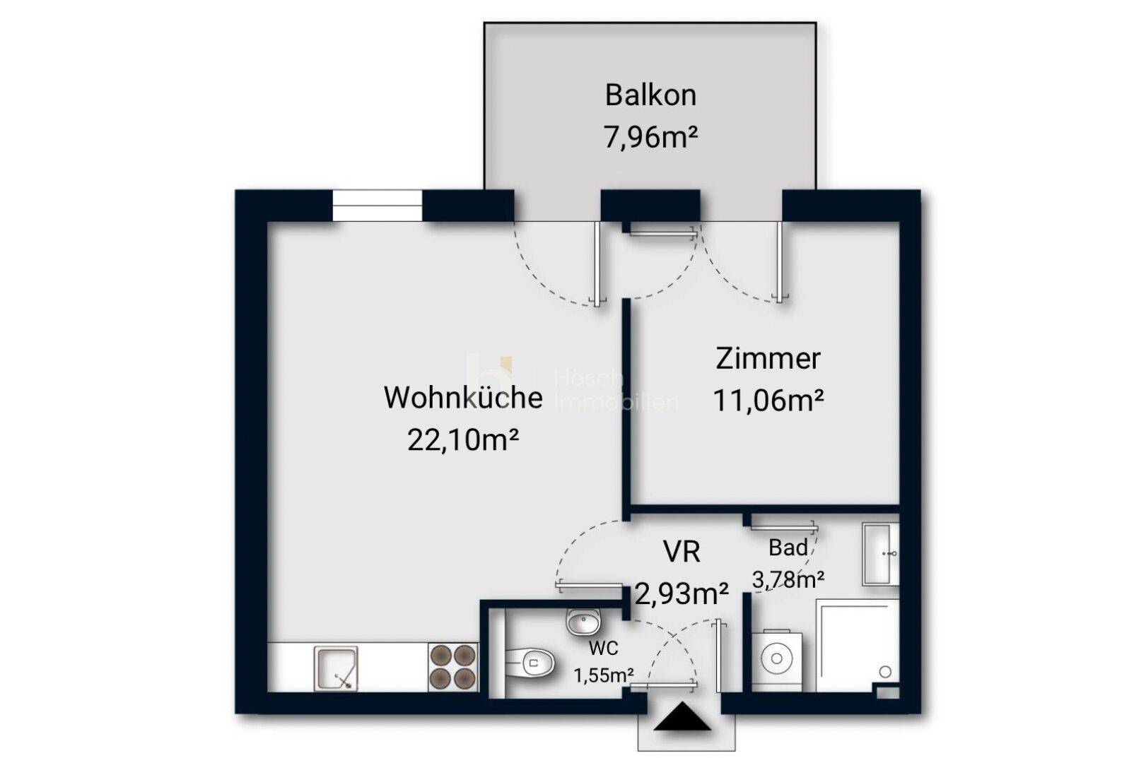 Grundriss einer Wohnung mit Wohnküche, Zimmer, Bad, WC und einem Balkon von 7,96m².