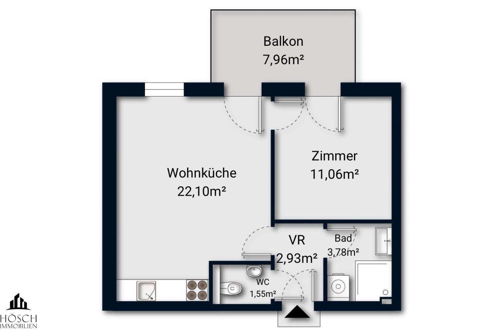 Grundriss einer Wohnung mit Wohnküche, Zimmer, Bad, WC und Balkon.