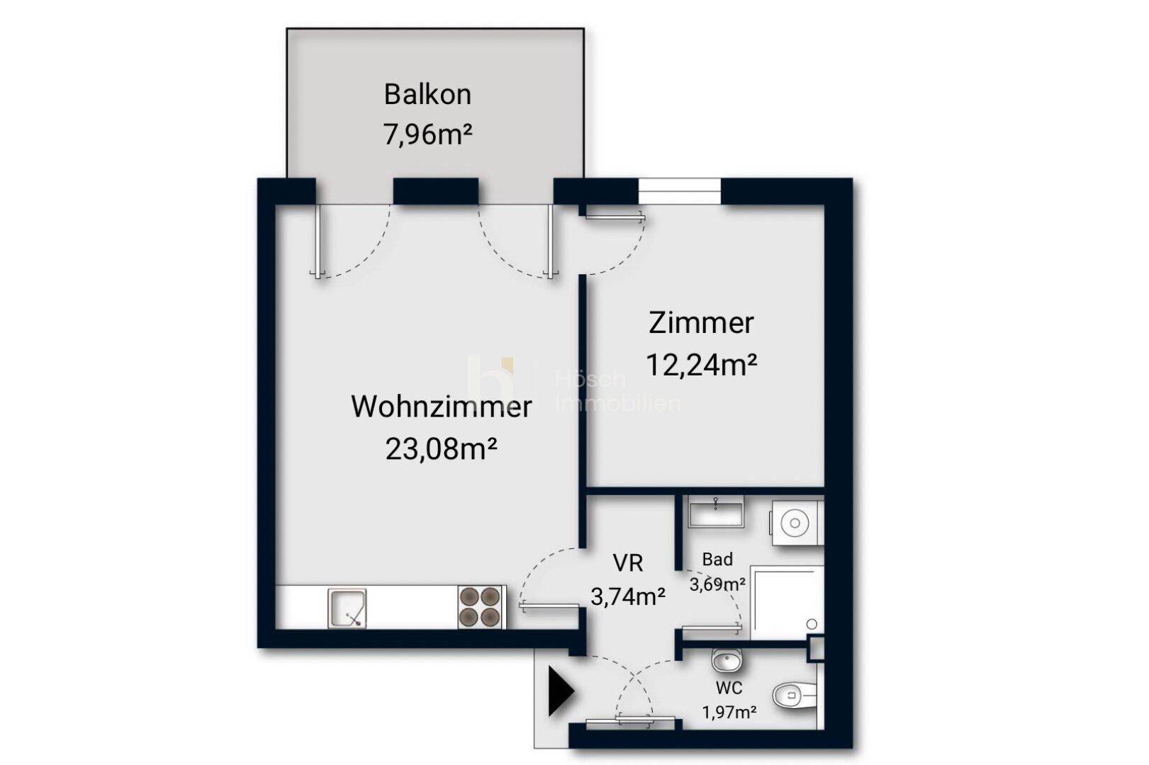 Grundriss einer Wohnung mit Wohnzimmer, Zimmer, Bad, WC und einem Balkon von 7,96m².