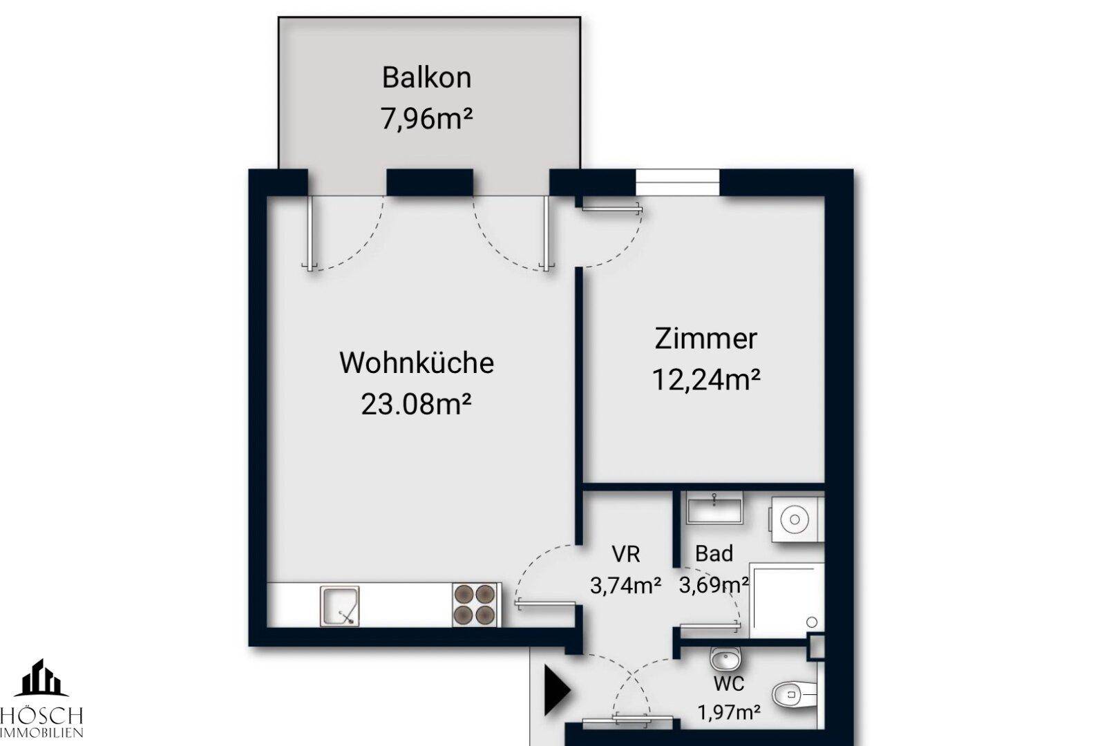 Grundriss einer Wohnung mit Wohnküche, Zimmer, Bad, WC und Balkon.