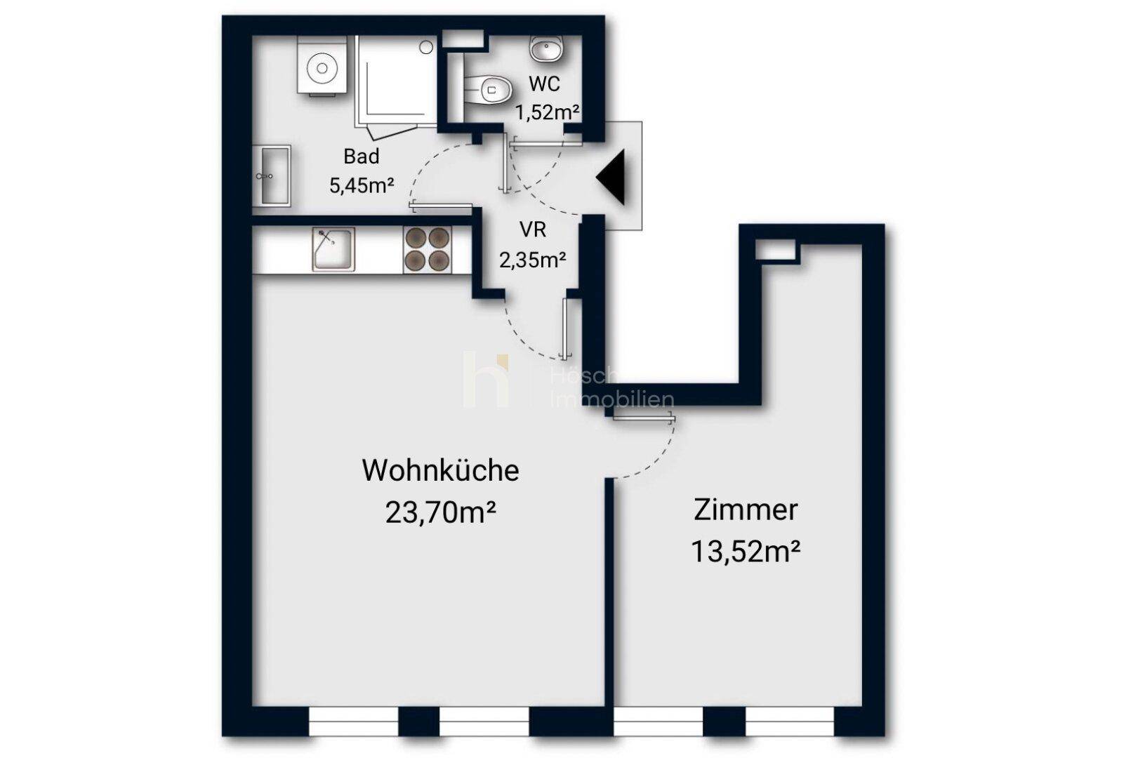 Grundriss einer Wohnung mit Wohnküche, einem Zimmer, Bad und separatem WC.