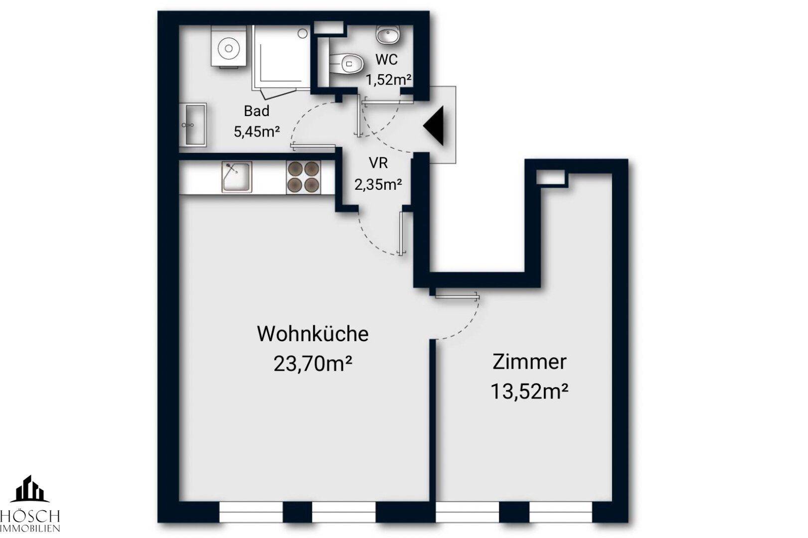 Grundriss einer Wohnung mit Wohnküche, Zimmer, Bad und WC.