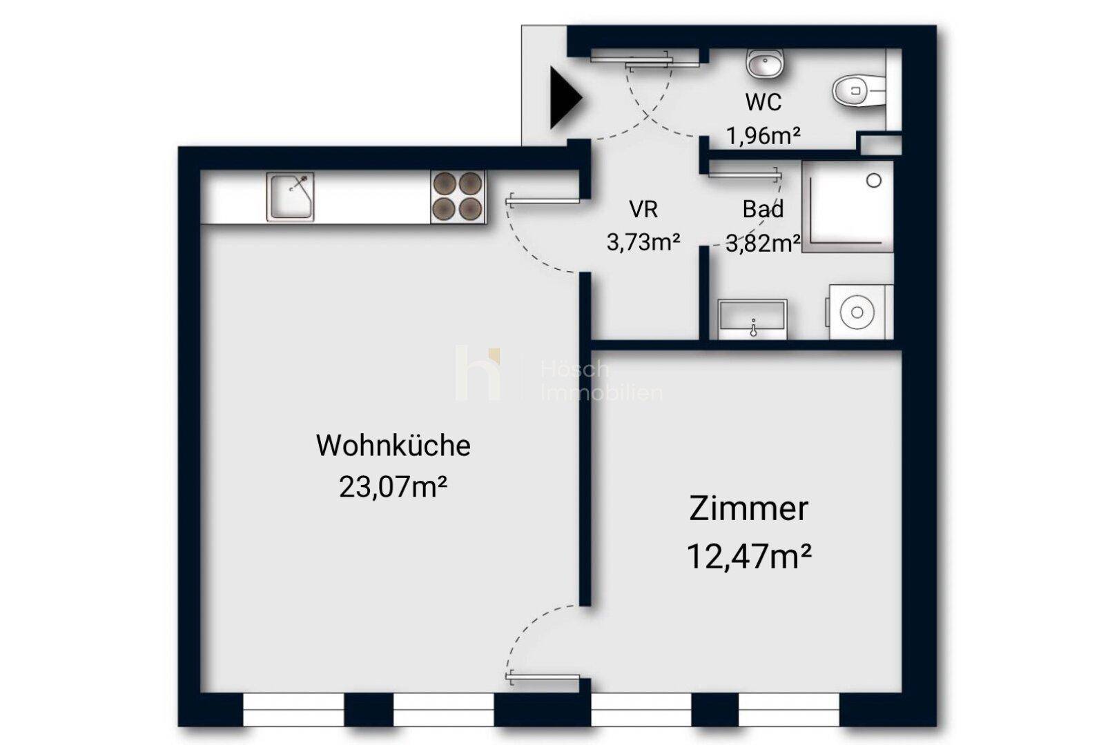 Grundriss einer Wohnung mit offener Wohnküche, einem Zimmer, Bad und separatem WC.