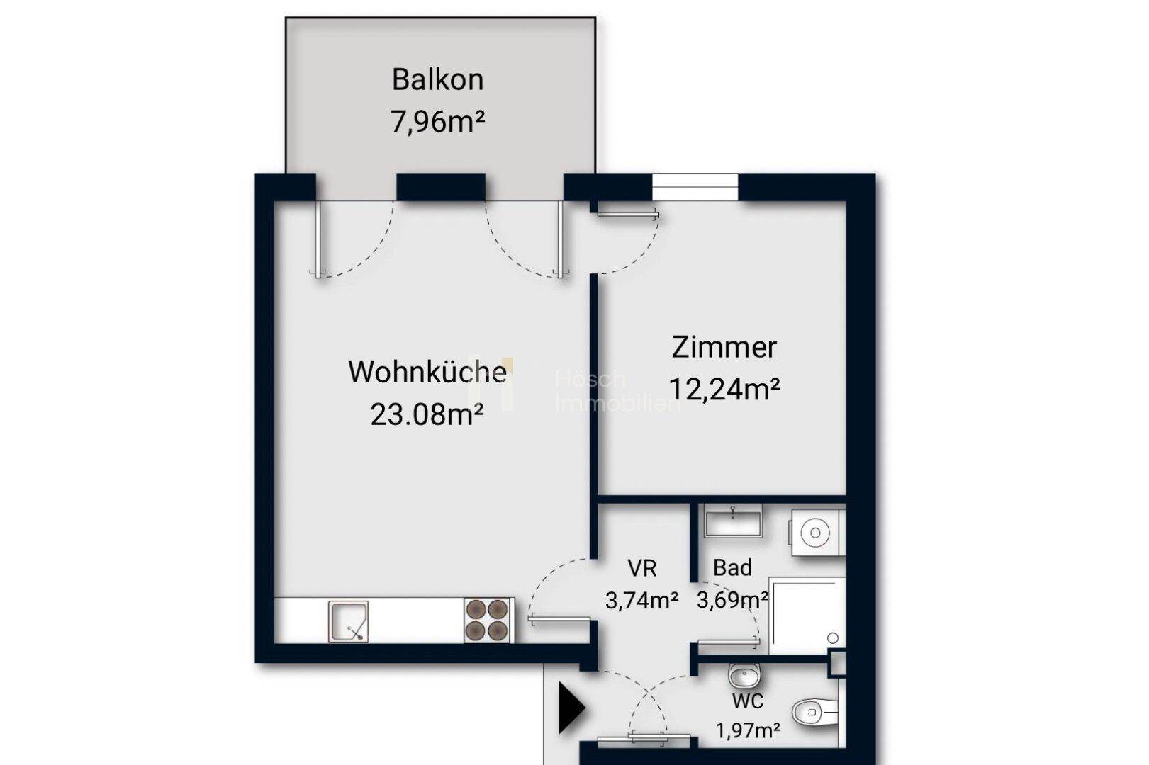 Grundriss einer Wohnung mit Wohnzimmer, Zimmer, Bad, WC und einem Balkon von 7,96m².