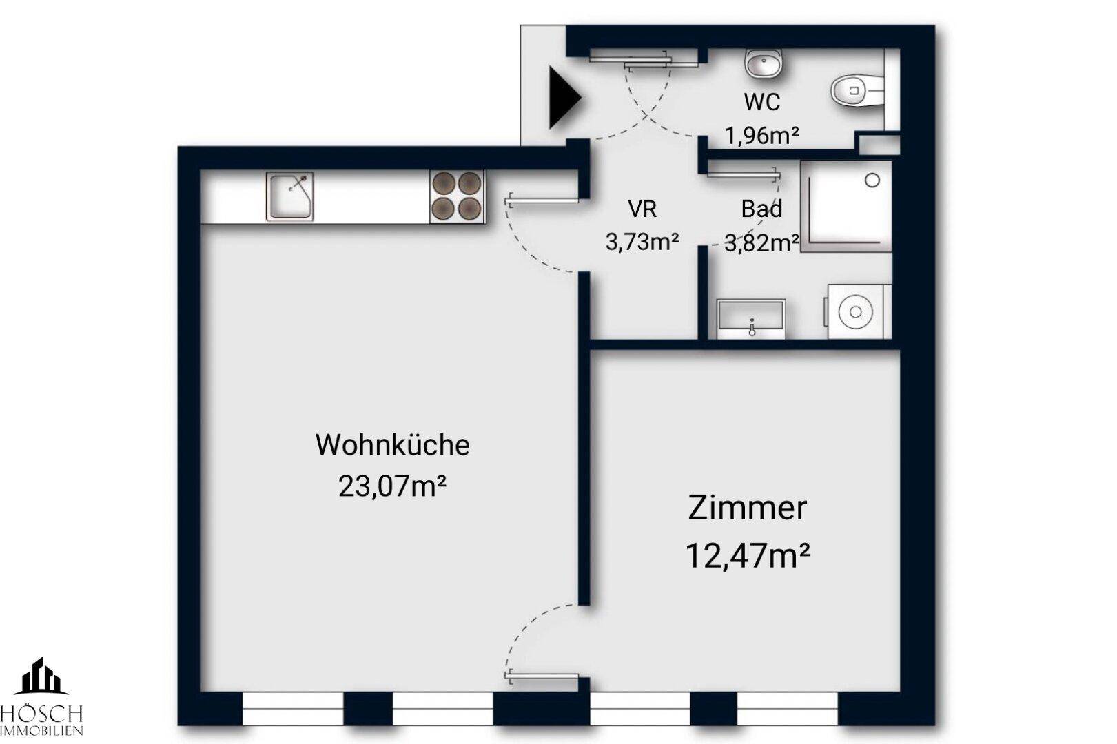 Grundriss einer Wohnung mit Wohnküche, Zimmer, Bad und WC.