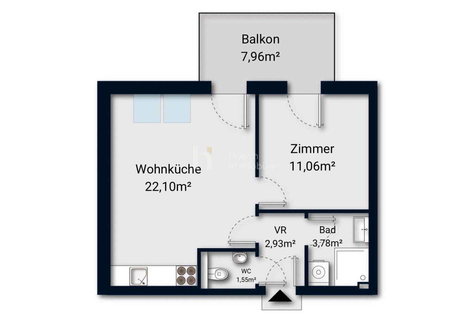 Grundriss einer Wohnung mit Wohnküche, Zimmer, Bad, WC und einem Balkon von 7,96m².