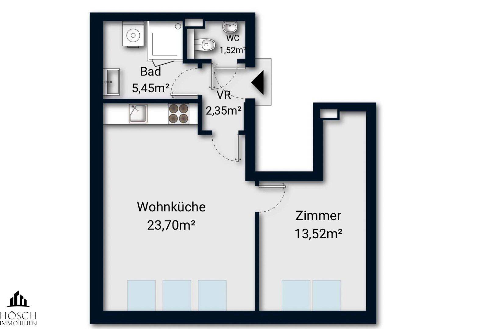 Grundriss einer Wohnung mit offener Wohnküche, einem Zimmer, Bad und separatem WC.