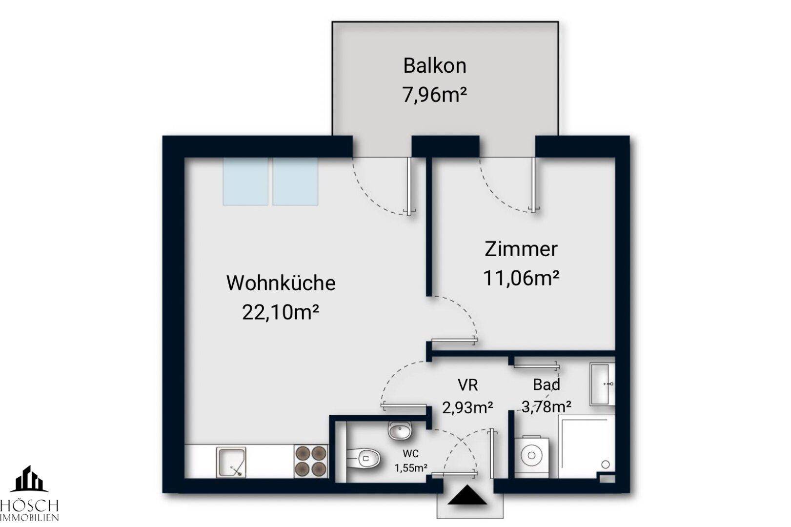 Grundriss einer Dachgeschosswohnung mit Wohnküche, drei Zimmern, zwei Bädern, WC und zwei Terrassen.