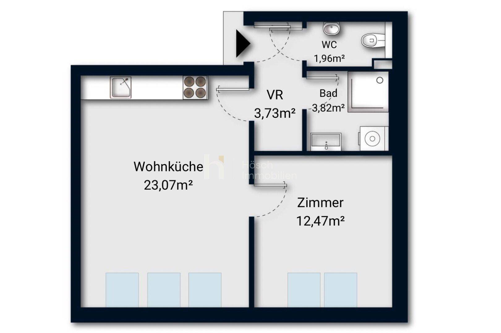 Grundriss einer Wohnung mit offener Wohnküche, einem Zimmer, Bad mit Wanne und Dusche sowie separatem WC.