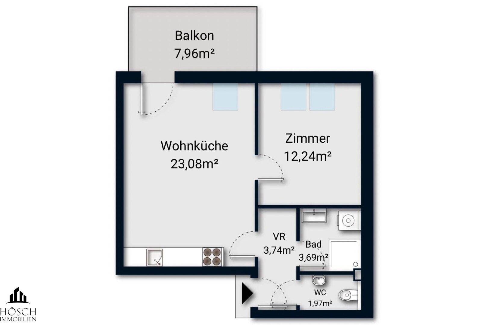 Grundriss einer Wohnung mit Balkon, offener Wohnküche, einem Zimmer und separatem Bad mit WC.