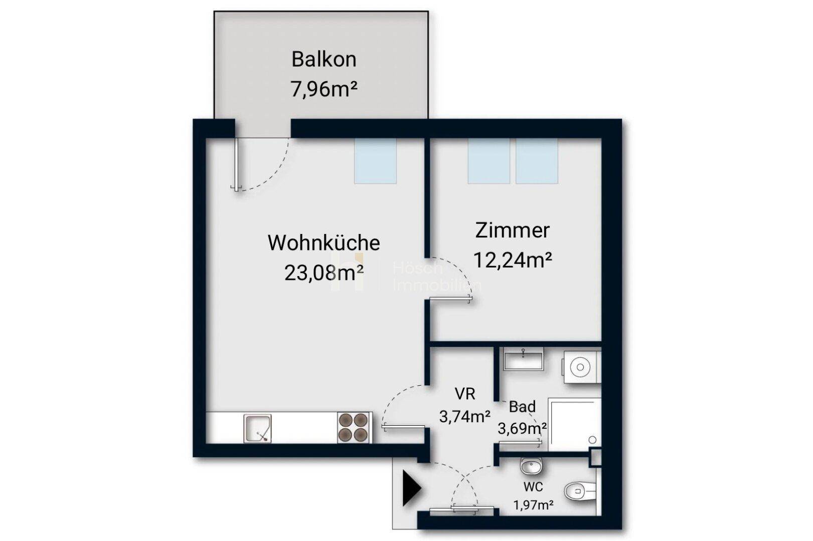 Grundriss einer Wohnung mit offener Wohnküche, einem Zimmer, Bad, separatem WC und Balkon.