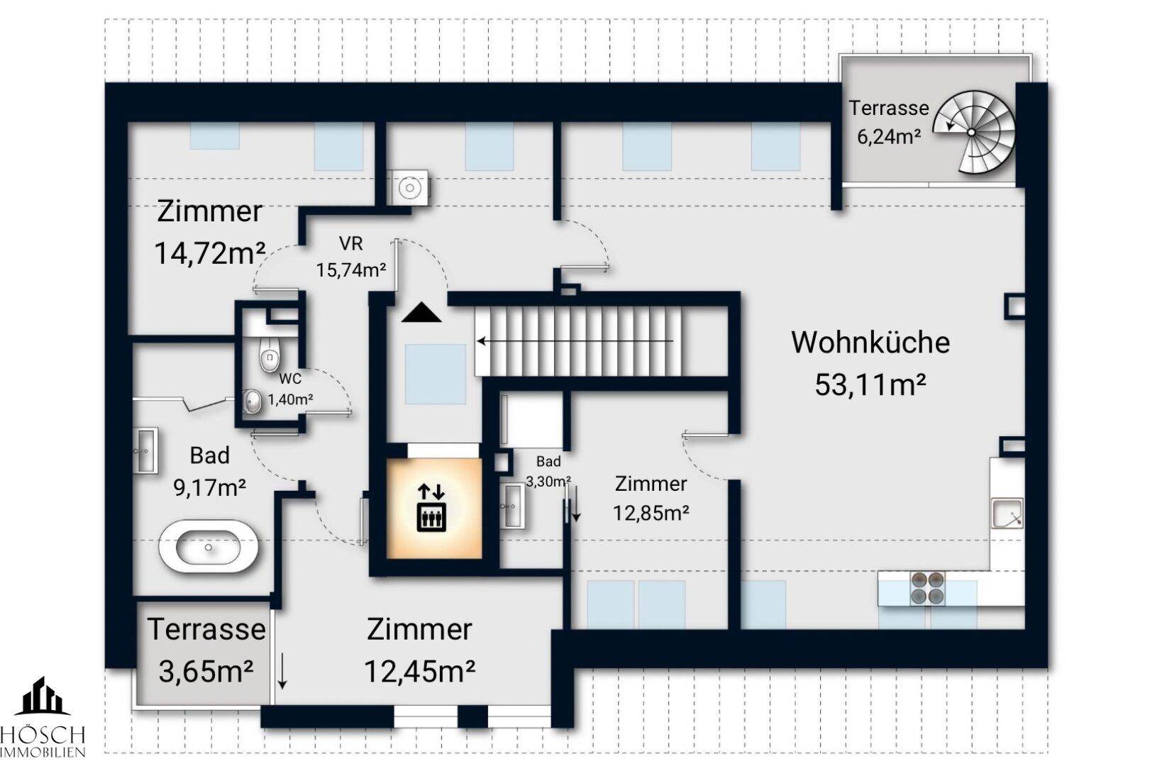 Grundriss einer großzügigen Wohnung mit mehreren Zimmern, zwei Bädern, Terrassen und Aufzug.