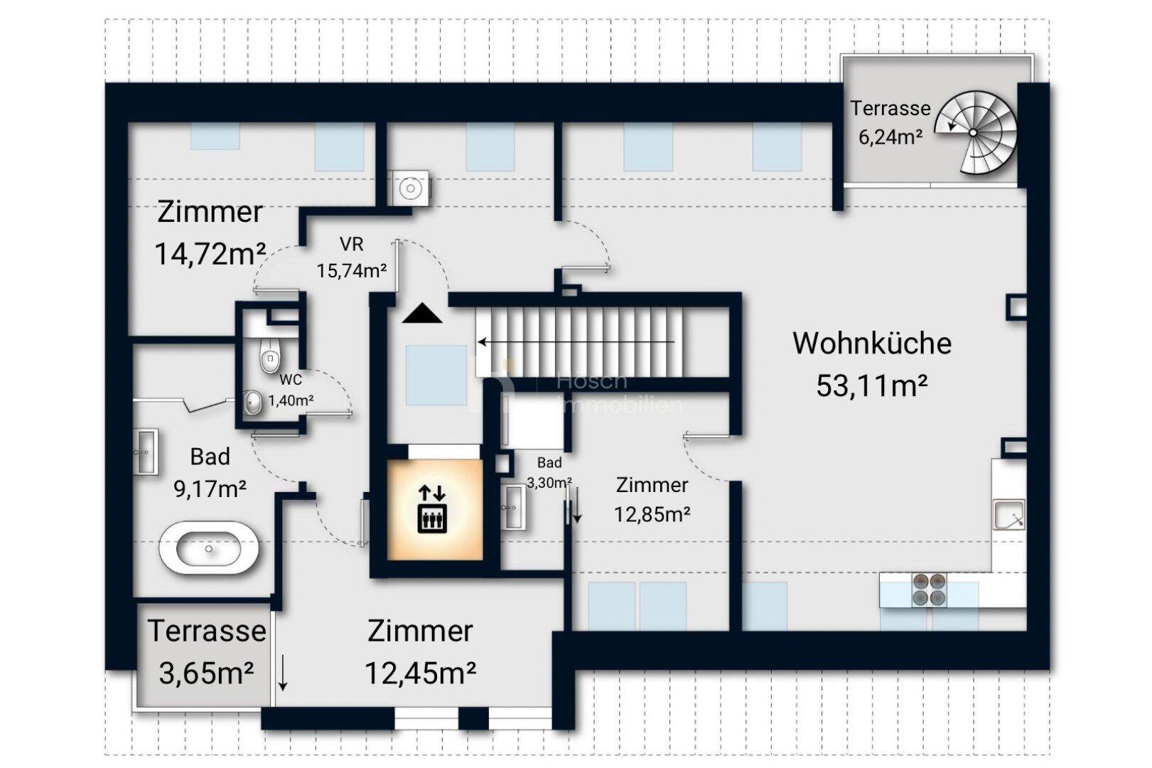 Grundrissplan einer Wohnung mit mehreren Zimmern, Bädern und Terrassen.
