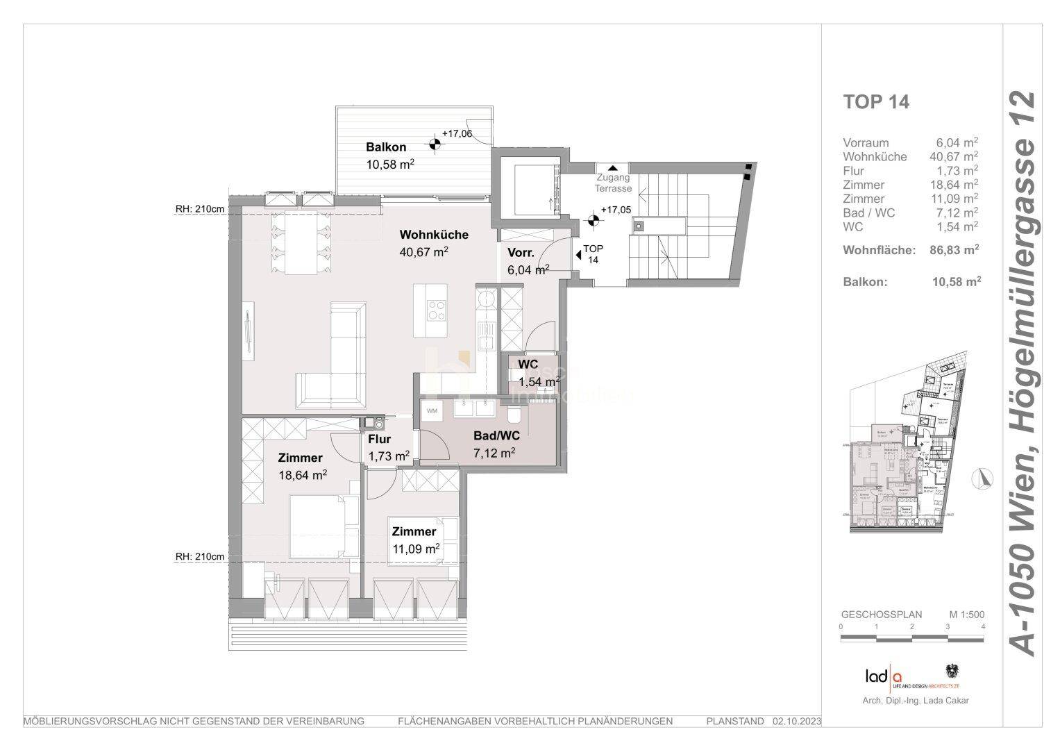 Grundriss der Wohnung Top 14 mit Wohnküche, drei Zimmern, Bad und Balkon.