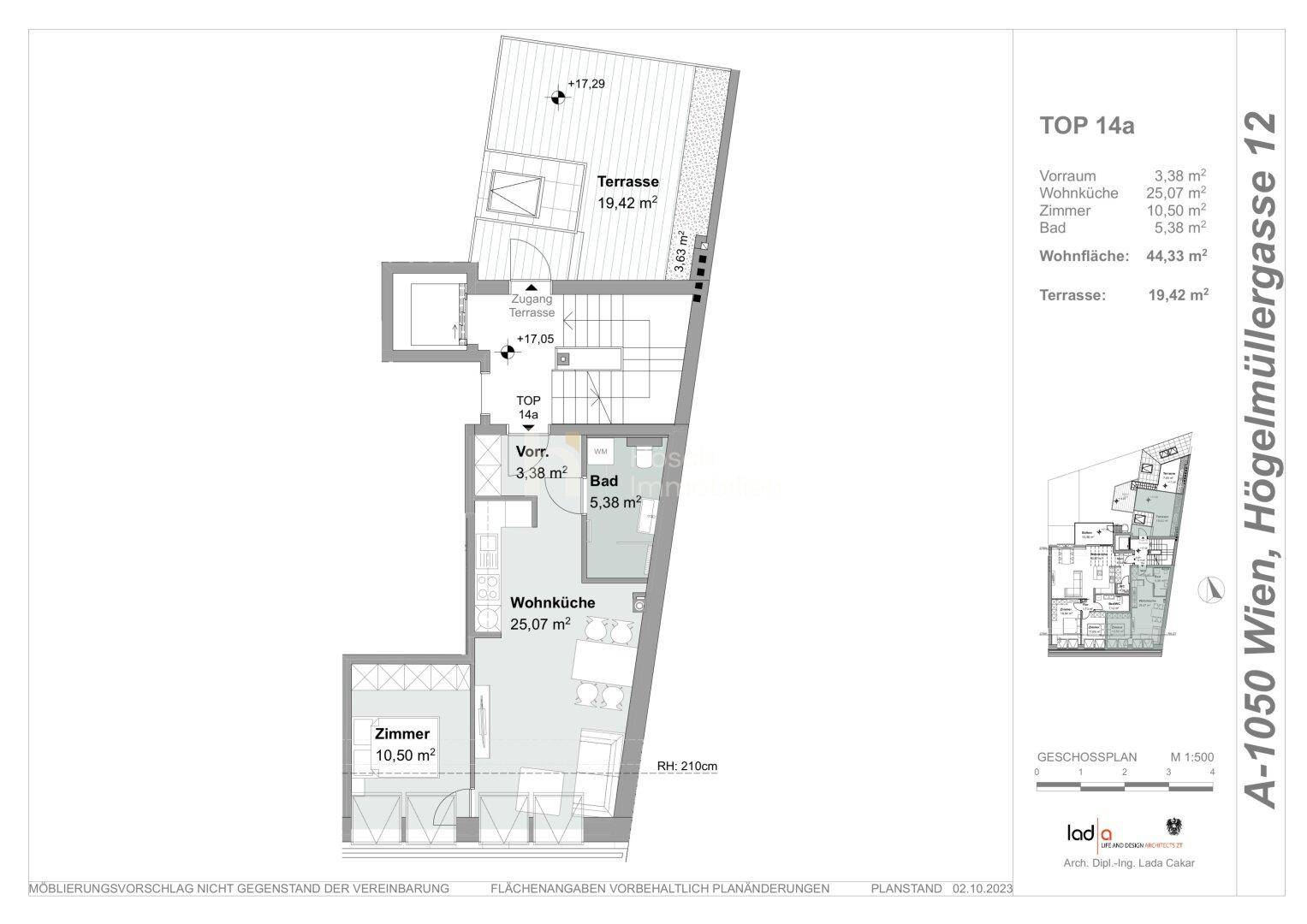 Detaillierter Grundriss einer Wohnung mit Zimmern, Wohnküche, Bad und Terrasse.