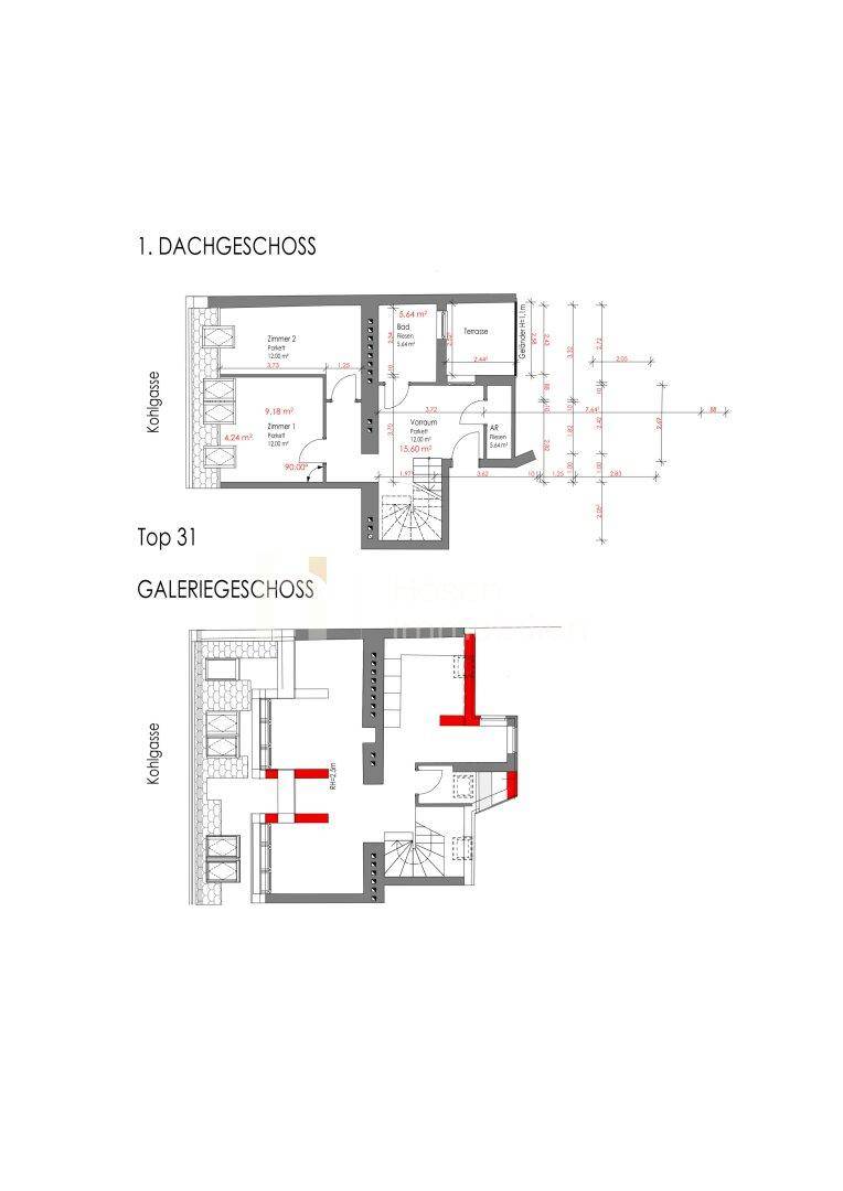 Grundriss für eine Dachgeschosswohnung Top 31 mit Galeriegeschoss, Terrasse und mehreren Bädern.