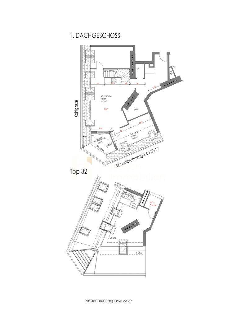 Grundriss für eine Dachgeschosswohnung Top 32 mit Galeriegeschoss, Terrasse und effizienter Raumaufteilung.
