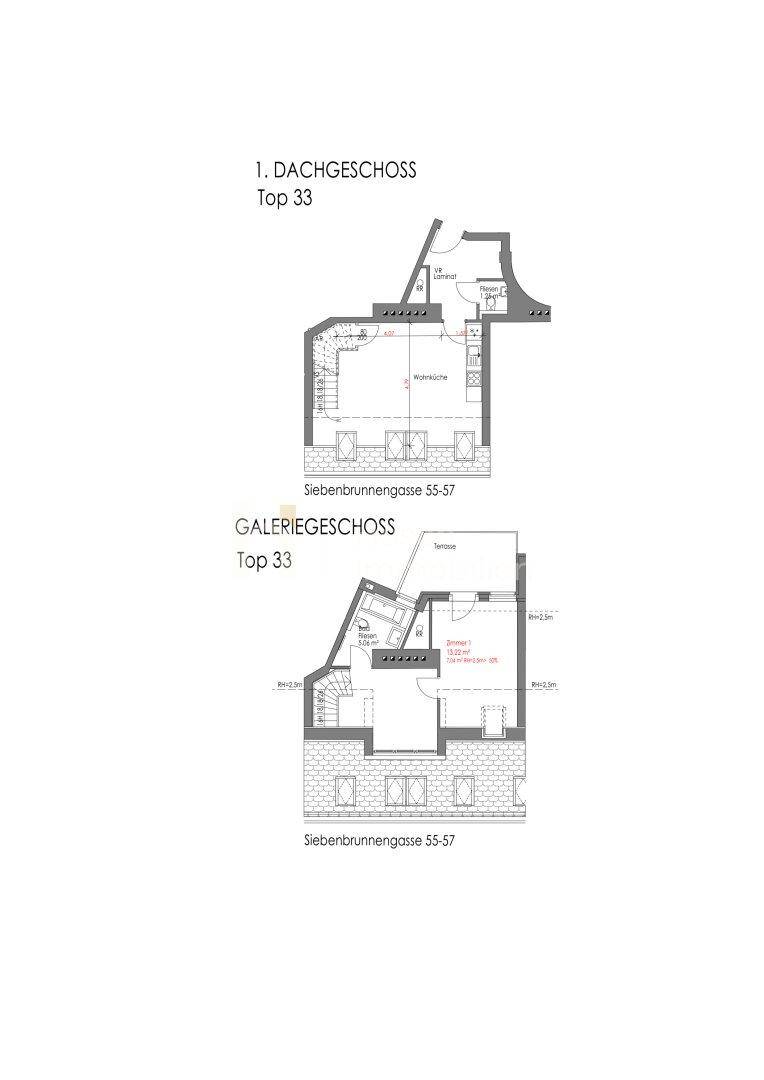 Grundriss für eine Dachgeschosswohnung Top 33 mit Galeriegeschoss, Terrasse und großzügigen Fensterflächen.