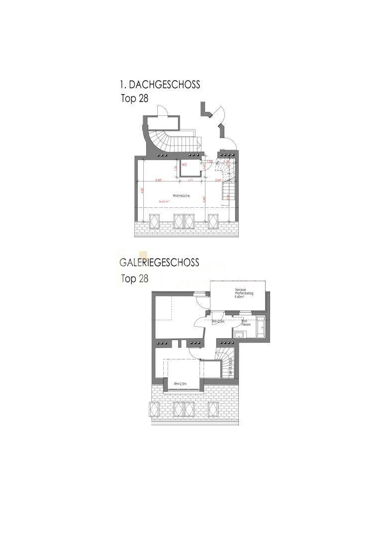 Grundriss für eine Dachgeschosswohnung Top 28 mit Galeriegeschoss, Terrasse und funktionaler Raumgestaltung.