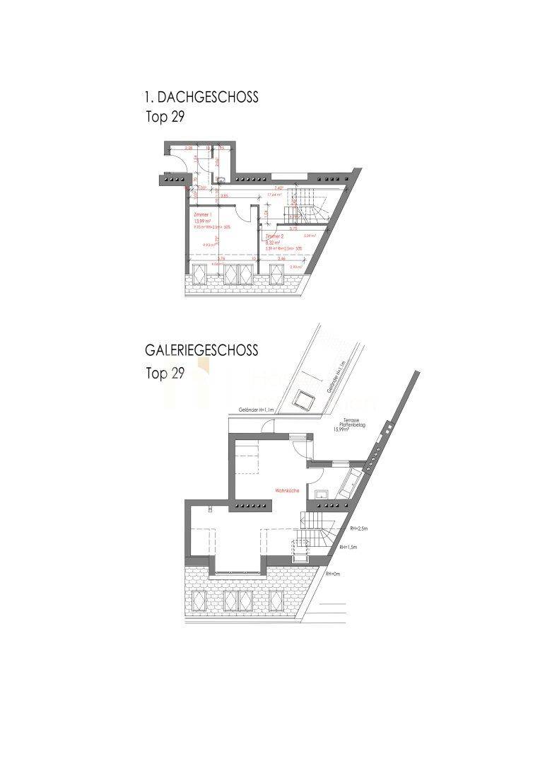 Grundriss für eine Dachgeschosswohnung Top 29 mit Galeriegeschoss, Terrasse und moderner Aufteilung.