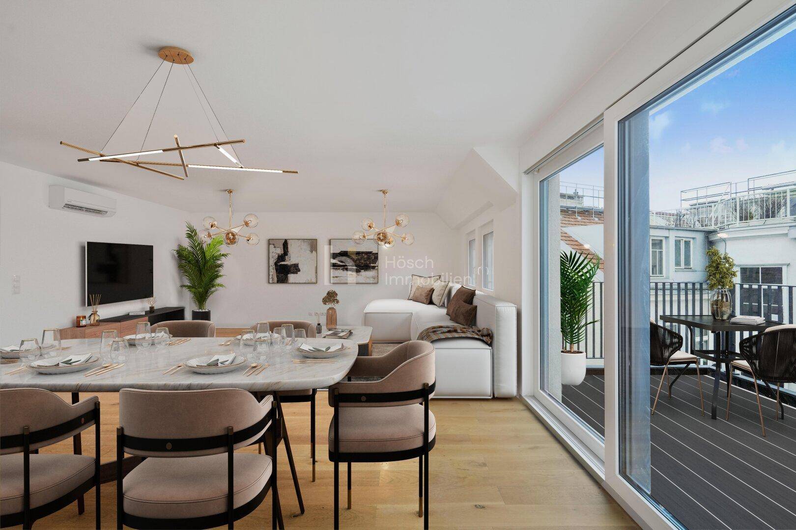 Heller Wohn- und Essbereich mit Holzboden, modernem Esstisch und Zugang zur Terrasse.