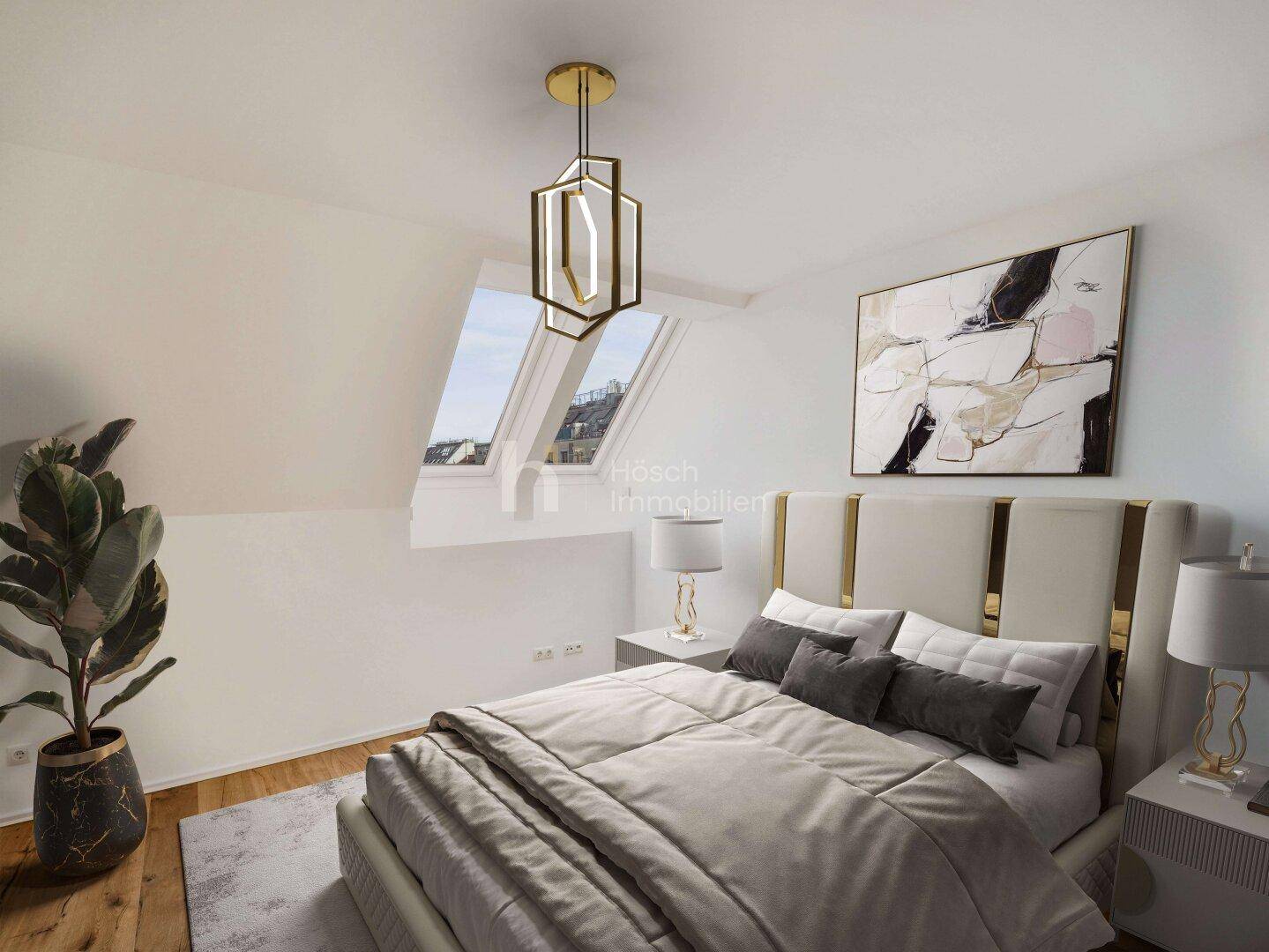 Modern eingerichtetes Schlafzimmer im Dachgeschoss mit schrägen Wänden und Dachfenstern für viel Tageslicht.
