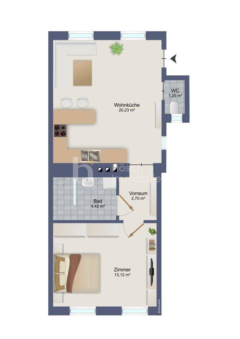 Grundriss einer Wohnung mit Wohnküche, Bad, separatem WC und einem Schlafzimmer.