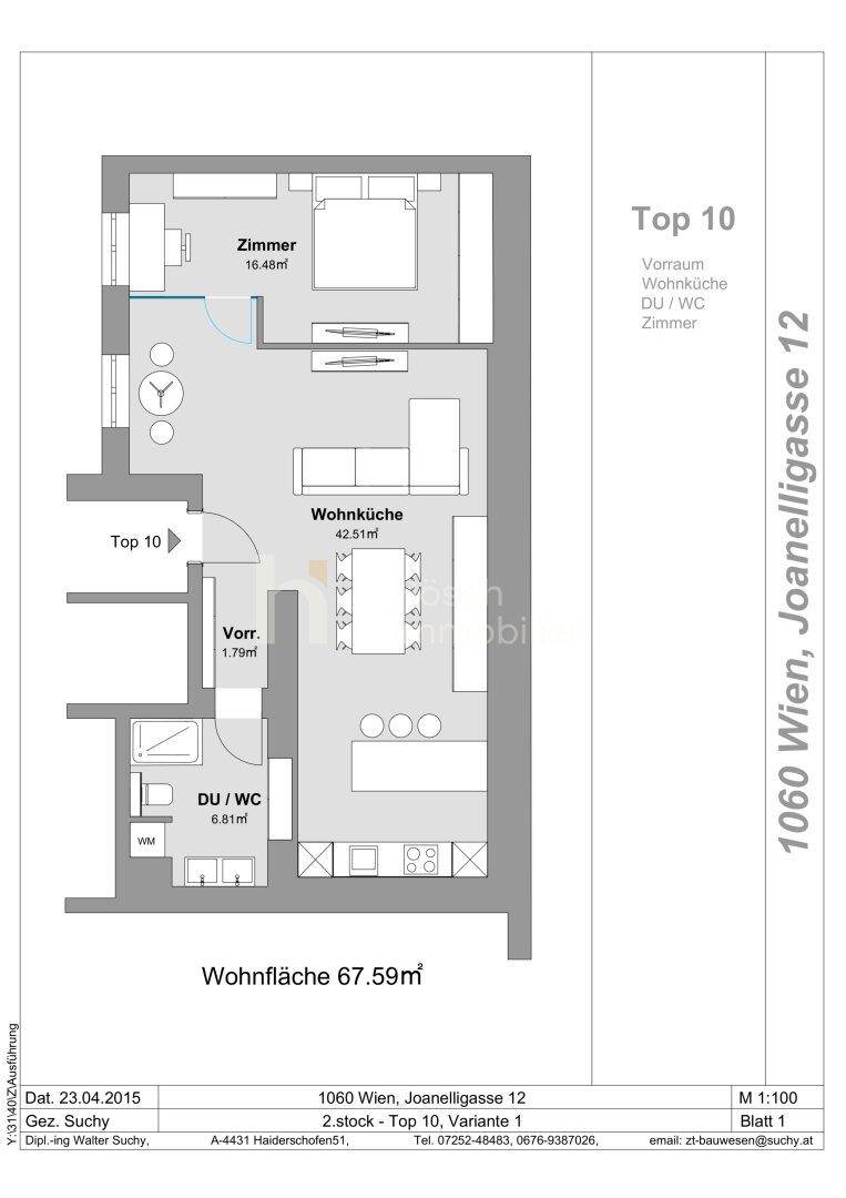 Grundriss der Wohnung Top 10 mit Wohnküche, Zimmer, Bad und Balkon auf 67.59m².