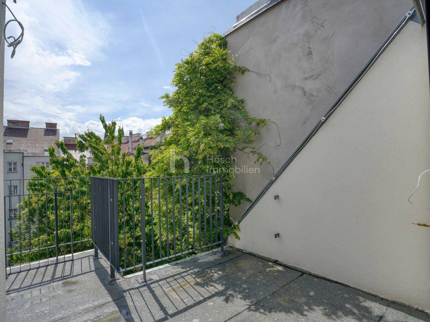 Kleiner Balkon mit grüner Bepflanzung an der Wand und Blick in den Himmel, gemütlich und privat.
