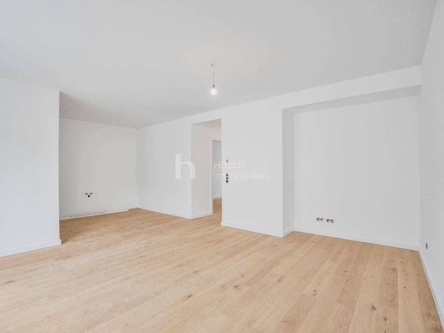 Weitläufiger, heller Raum mit Holzboden, der viel Gestaltungsfreiheit für Wohnideen bietet.
