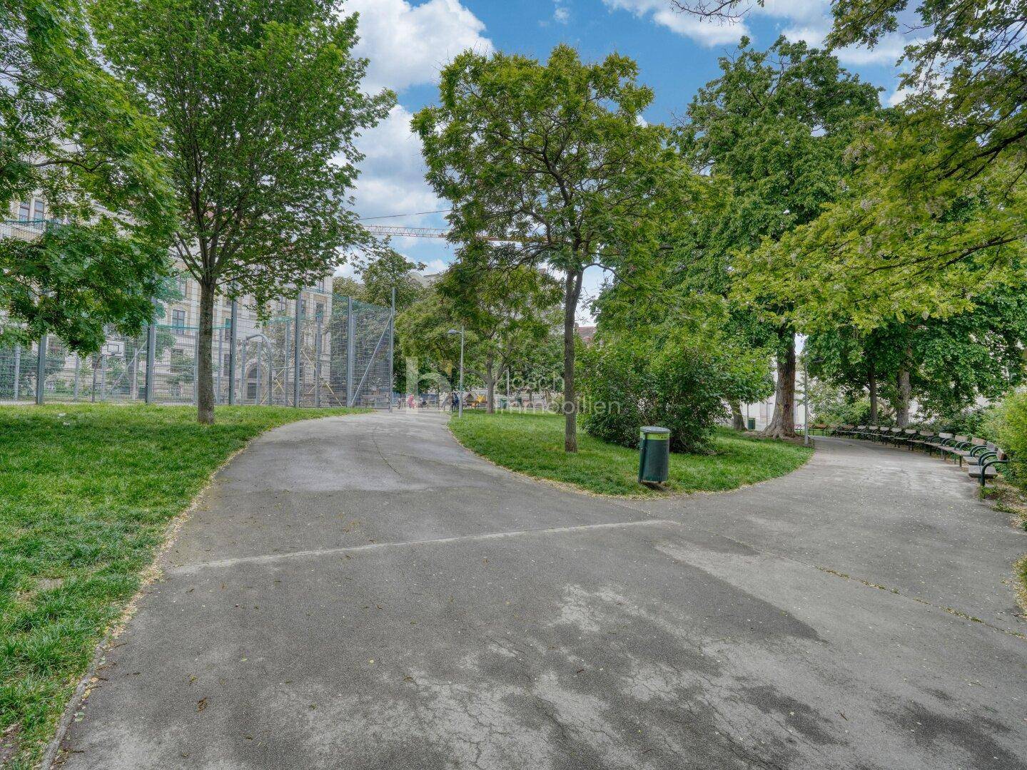 Grüner Parkweg mit Bäumen und Bänken, ideal für Spaziergänge.
