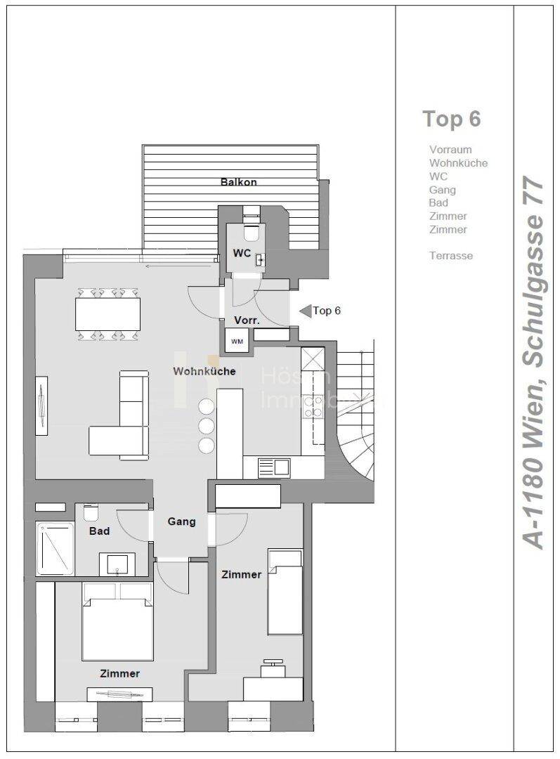 Grundriss der Wohnung Top 6 mit Wohnküche, drei Zimmern, Bad, WC und Balkon.